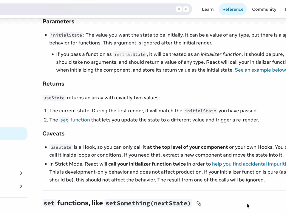 React ドキュメントでテキストを選択した際に Gloss の訳チップが表示される様子